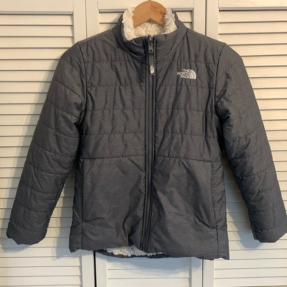 The North Face Girls Reversible Mossbud Swirl Jacket M (10/12) Heather Grey Coat - Picture 2 of 16
